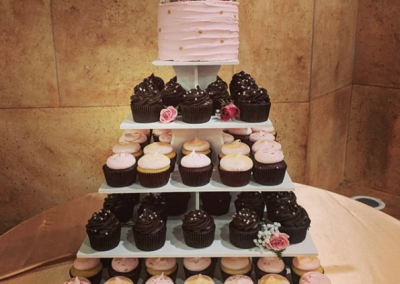 pink cake and cupcake tower