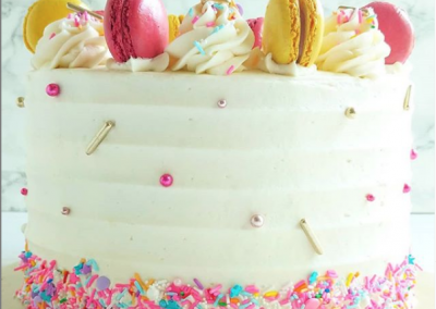 birthday cake with pink + yellow macarons and sprinkles